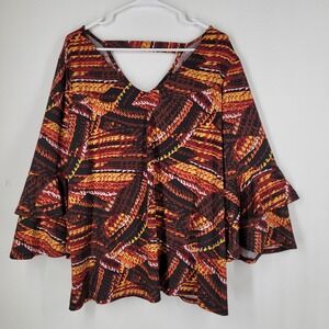 Ashley Stewart Womens Abstract Print V Neck Bell Sleeve Top Plus Size 18 20